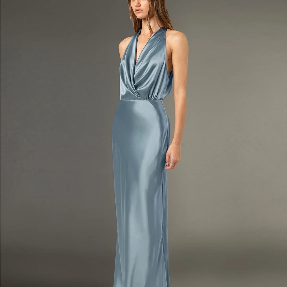 Michelle Mason Halter draped gown in Blue Celestine - NWT US 8